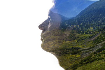 Combination of the silhouette of a man face and a landscape with mountains. Connection between man and nature