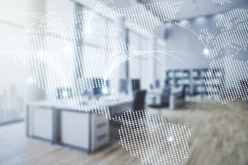 Double exposure of abstract digital world map hologram with connections on a modern furnished office interior background, big data and blockchain concept