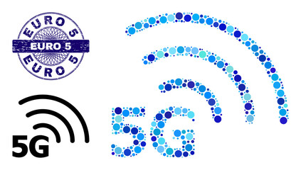 Circle composition 5G internet icon and EURO 5 round unclean stamp seal. Violet stamp seal includes EURO 5 text inside circle and guilloche structure. Vector mosaic is based on 5G internet symbol,