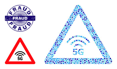 Circle mosaic 5G warning icon and FRAUD round textured stamp seal. Blue stamp seal includes FRAUD text inside circle and guilloche decoration. Vector collage is based on 5G warning icon,