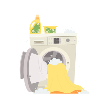 Front Loading Washing Machine. Opened Door. Washed Linen. Detergent Foam Around. Cartoon Vector Washer.