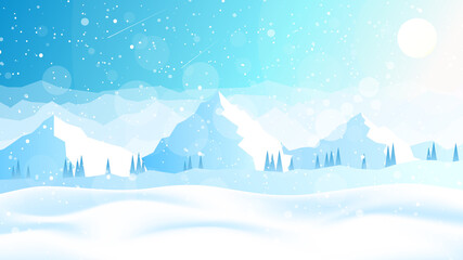 Winter landscape. Snowfall in the mountains. Travel concept of discovering, exploring, observing nature. Hiking tourism. Adventure. Minimalist polygonal flat design graphic poster. Nature illustration