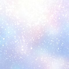 Light soft snowflakes falling on white blue pink formless blur background. Pastel iridescent winter texture.