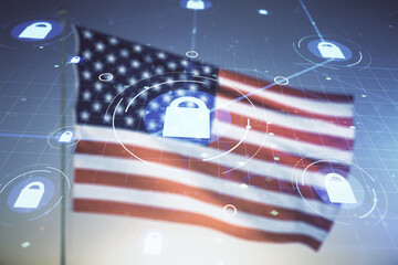 Virtual creative lock symbol and microcircuit illustration on USA flag and sunset sky background....