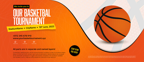 Basketball tournament invitation template with sample text in separate layer - obrazy, fototapety, plakaty