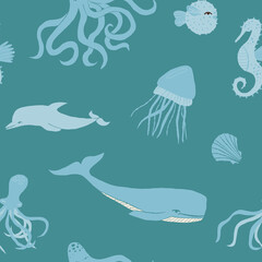 Underwater creatures seamless pattern. Sea, ocean inhabitants: seahorses, octopus, jelly fish, pufferfish, shell