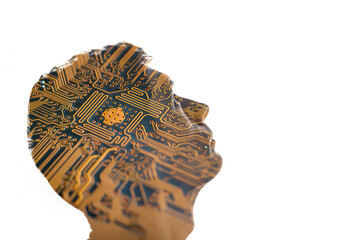 Combination of a man silhouette and microelectronic board. Concept of modern technologies in electronics