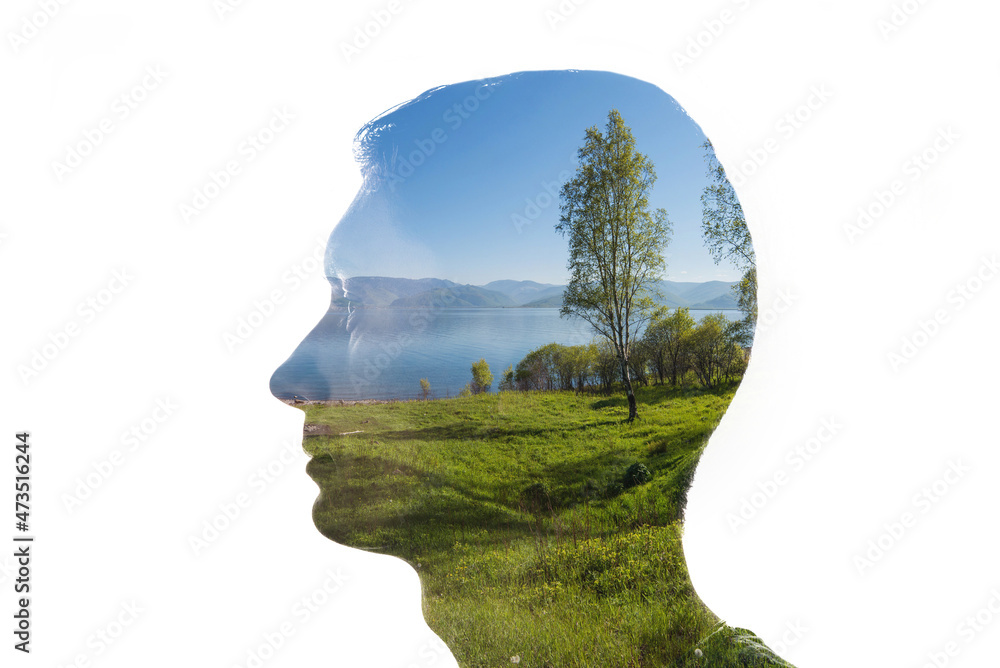 Poster combination of a silhouette of a face and a landscape. concept of the connection between man and nat