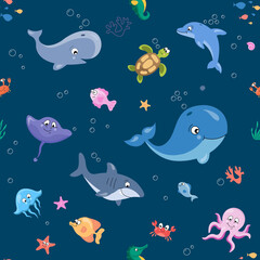 Childish isolated seamless pattern. Colorful ocean illustration. Scandinavian style. Kids texture for fabric, wrapping, textile, wallpaper, apparel.Textile pattern with cute fish