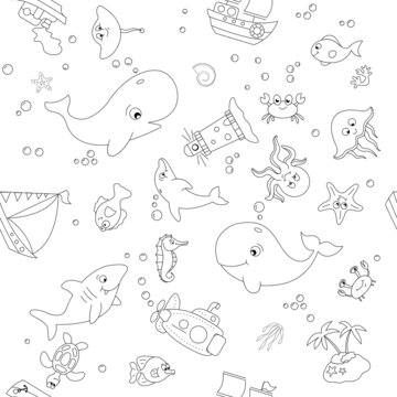 Childish isolated seamless pattern. Underwater ocean illustration. Scandinavian style. Texture for fabric, wrapping, textile, wallpaper, apparel.Kids textile pattern with cute fish