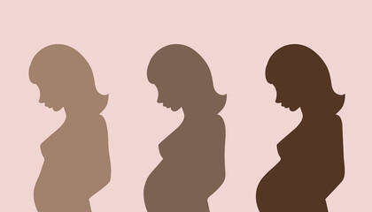 Set of silhouettes profile of pregnant woman with a belly in different trimesters. Changes in a woman's body in pregnancy stages. Pastel color elements isolated on pink background. Vector illustration - obrazy, fototapety, plakaty