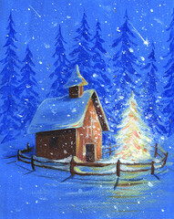 house in the snow with christmas tree
