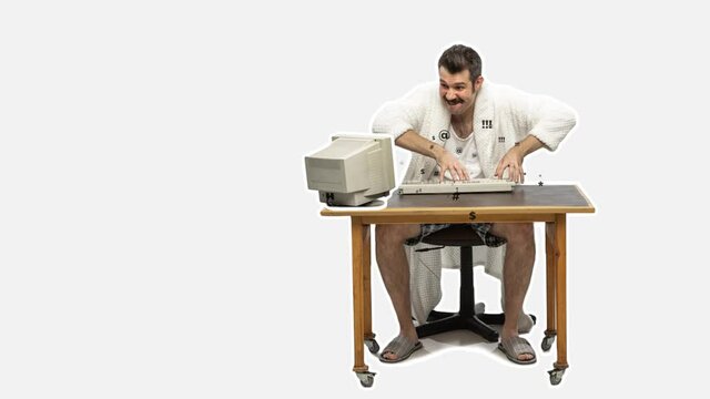 Funny man typing text on a computer keyboard. Freelancer or office worker writing letters, using internet at home. 4k stop motion video, 2D animation. Business concept