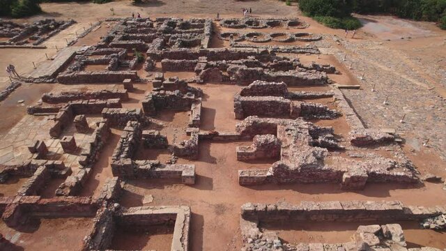Aerial view. Archaeological site of the ancient Minoan civilization. The ruins of the Minoan palace are not far from the city of Malia on the island of Crete.