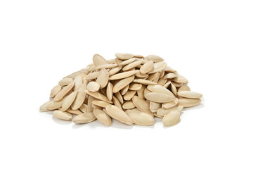 Heap of roasted pumpkin seeds isolated on white background 