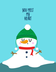 You melt my Heart - greeting card with phrase for Christmas. Hand drawn lettering for Xmas greetings cards, invitations. Good for t-shirt, mug, gift, printing press. Valentine's Day Card.