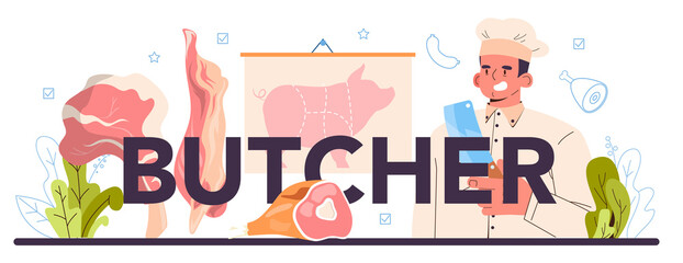 Butcher typographic header. Fresh meat and semi-finished products.