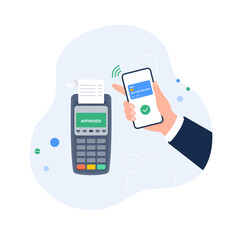 POS terminal with smartphone and credit card. Contactless payment by smartphone, near-field communication protocol, and e-payment. Vector flat illustration.