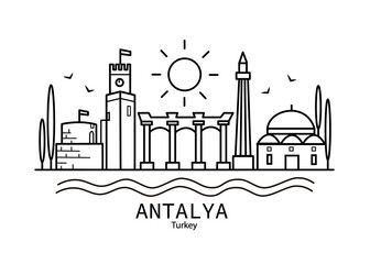 Antalya flat illustration. Antalya line drawing. Modern style Antalya city illustration. Hand sketched poster, banner, postcard, card template for travel company, T-shirt, shirt. Vector EPS 10