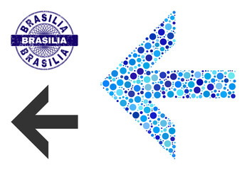 Round dot collage arrow left icon and BRASILIA round dirty stamp. Violet stamp seal includes BRASILIA caption inside circle and guilloche pattern. Vector collage is based on arrow left icon,