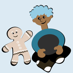 the boy sits cross-legged and smiles at the gingerbread man. Design element