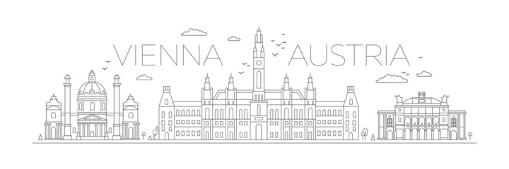 Vienna lineart illustration. Austria holiday travel flat drawing. Modern style Vienna city illustration. Hand sketched poster, banner, postcard, card template for travel company, T-shirt, shirt