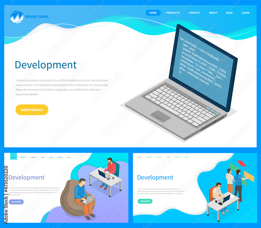 Poster set of illustrations about working on web development on computer. busy man at workplace work with l