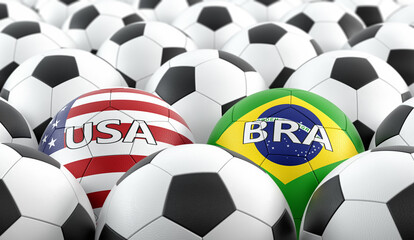 Brazil vs. USA Soccer Match - Soccer balls in Brazil and USA national colors.  3D Rendering 