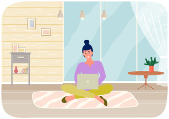 Distance learning, freelance and internet entertainment. Woman sitting with laptop in living room at home. Remote work, online home freelancing concept. Online communication, internet surfing