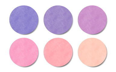 Set of round texture stickers. Purple and coral pastel labels of different circles. Vector stickers for design mockups. Holographic textured stickers for preview tags, labels