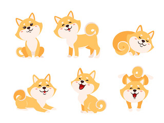 Vector set with cute shiba inu isolated on white