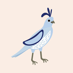 Vector isolated illustration with cute partridge, quail in flat simple style on beige background. Children's bright color picture, hand-drawn print. A collection of cartoon kind, funny, smiling bird.