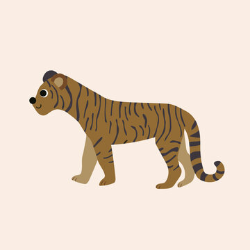 Vector isolated illustration with cute  brown tiger in flat simple style on beige background. Children's color picture, hand-drawn print. Cartoon kind, funny, smiling animals. Gentle baby card.
