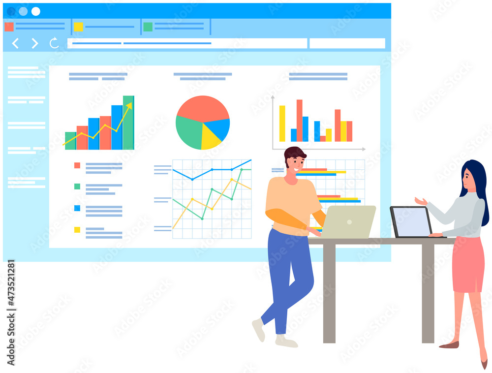 Poster visualize with business analytics. people work with statistical data analysis, changing indicators. 