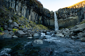 Svartifoss waterfall without peopl with blue sky in skaftafell national park south east iceland...