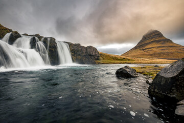 Long exposure of Kirkjufellsfoss Iceland with very dramatic sky