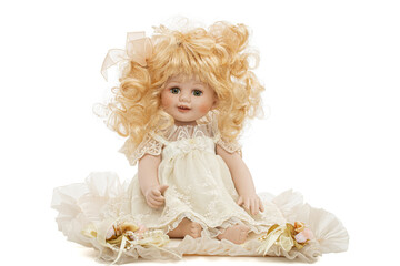 Vintage porcelain doll, isolated on white background