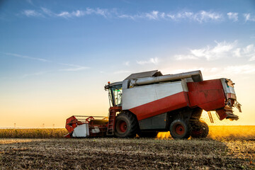 Combine harvester in soybean field