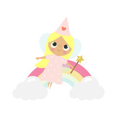 Cute little Fairy in cartoon style. Vector illustration in white background. For kids stuff, card, posters, banners, children books and print for clothes, t shirts. Girl print. 
