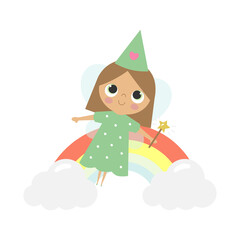 Cute little Fairy in cartoon style. Vector illustration in white background. For kids stuff, card, posters, banners, children books and print for clothes, t shirts. Girl print.