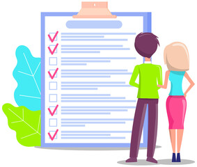 Month scheduling, to do plan, time management concept. Couple makes to do list, plans daily timetable. People discuss schedule, checklist on clipboard. Man and woman work with check list, schedule