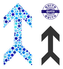Circle collage arrow up icon and QUITO round corroded stamp seal. Violet stamp seal includes QUITO caption inside circle and guilloche pattern. Vector collage is based on arrow up symbol,