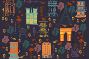 Paris city cartoon illustration. Paris holiday travel doodle drawing. Modern cartoon Paris illustration. Hand sketched poster, banner, postcard, card template for travel company, T-shirt, shirt