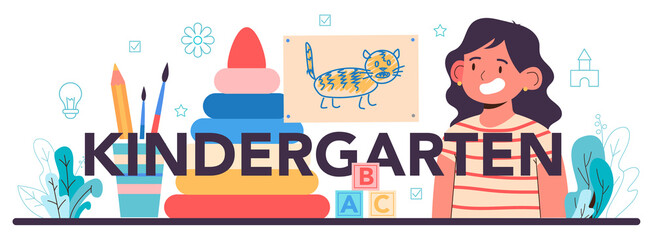 Kindergarten typographic header. Professional nany and children