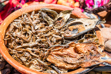 Traditional food on the floating islands of Uros on Lake Titicaca in Peru