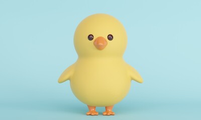 Cute little yellow chicken on blue background. 3d rendering