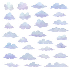 Set of watercolor clouds isolated on white, various shapes