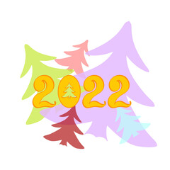 2022 New Year hand written numbers with Christmas or fir trees background. Xmas banner template. Typography design for greeting or invitation card. Vector illustration.