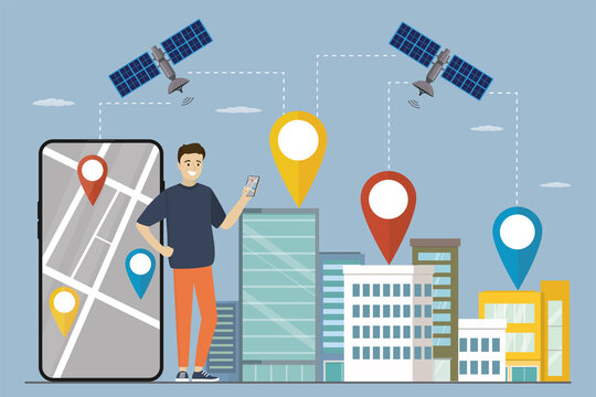 City navigation, mobile application. The man uses mobile phone. Two satellites solid navigation and communication. Space unmanned satellite technology. Buildings and big color pointers.