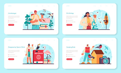 Ornithologist web banner or landing page set. Professional scientist